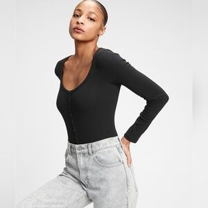 [GAP] NWOT Black Long Sleeve Scoop Neck Henley Bodysuit Thong [XXL]